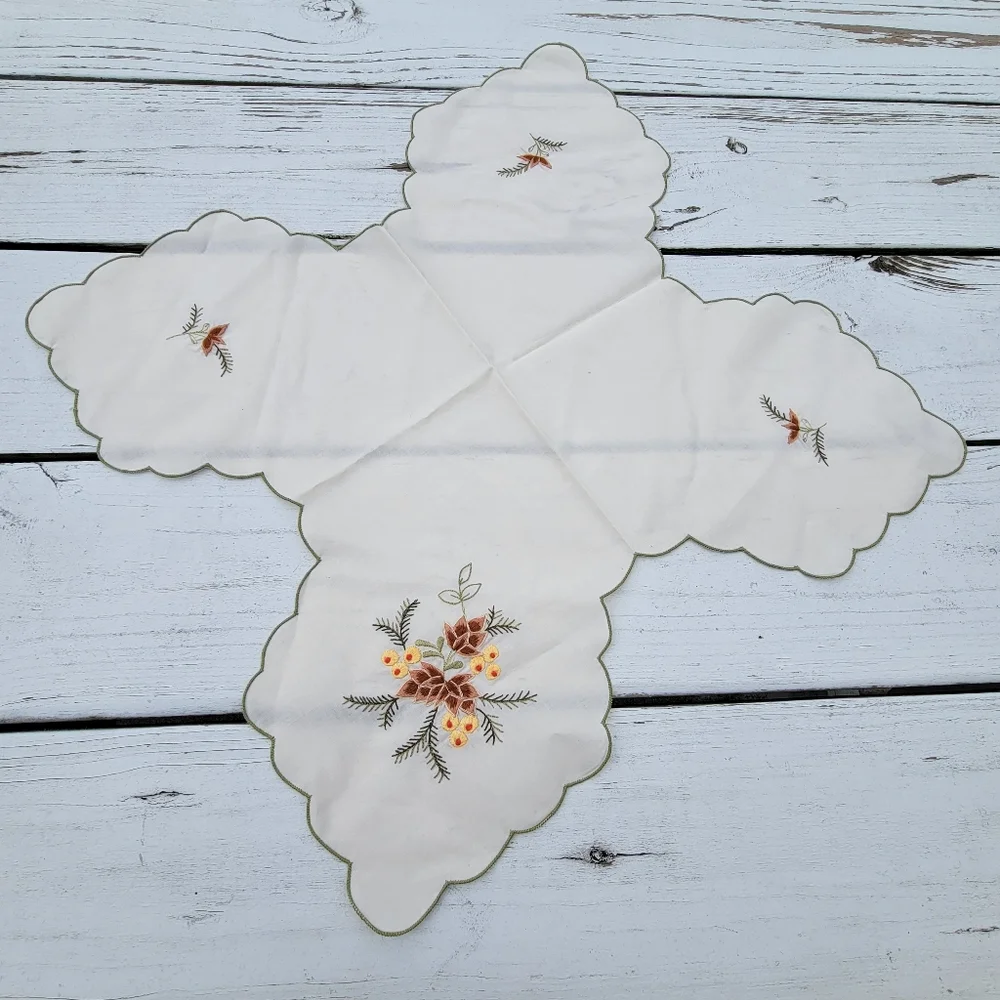 Vintage Table Linen Dresser Scarf ~ Embroidered Foliage~ Pinecones Berries